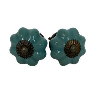 Vintage Style Teal Ceramic Pumpkin Drawer Knobs Set Of 2 For Cabinets Furniture